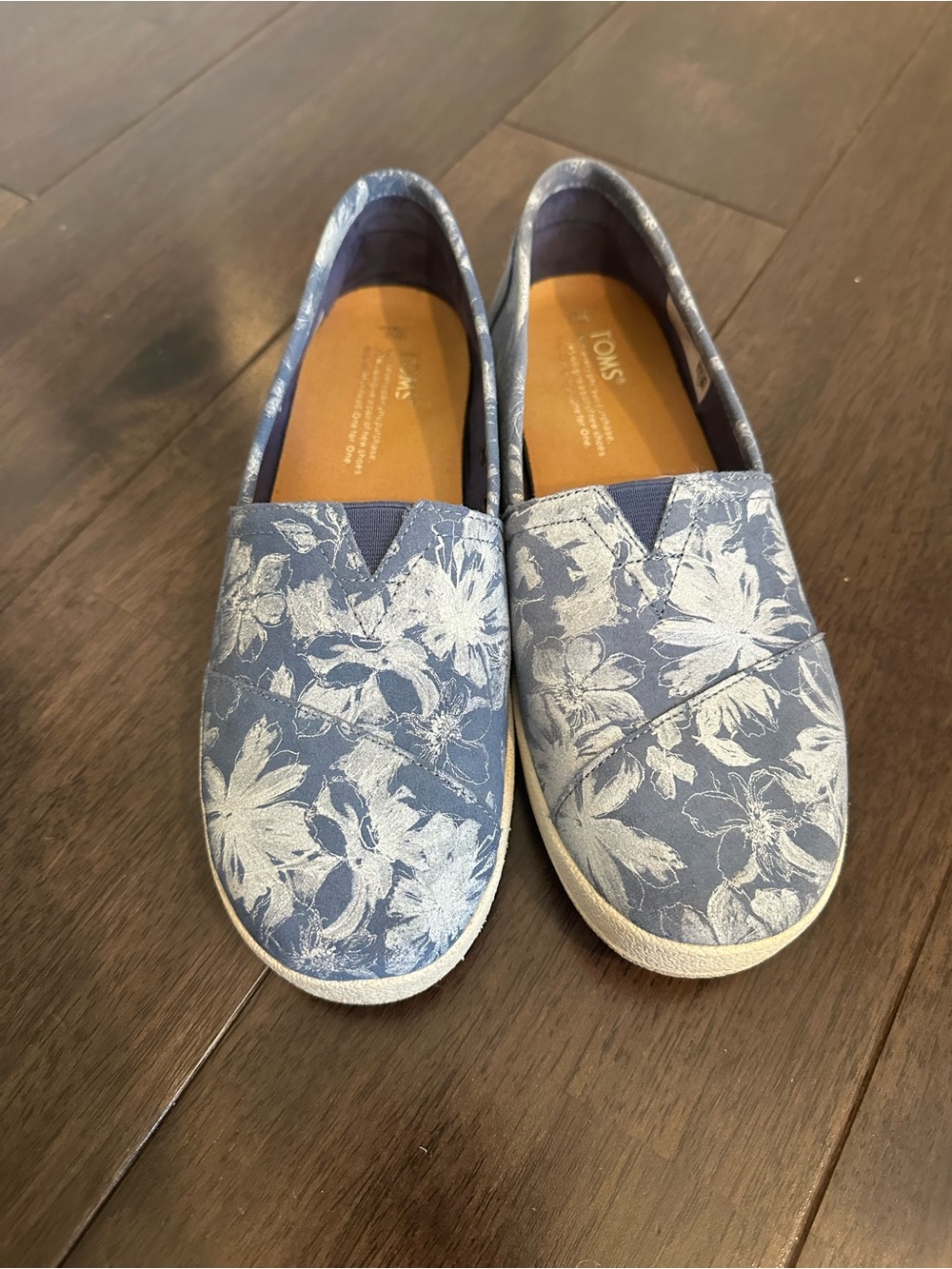 TOMS Blue Floral Canvas Slip-Ons with White Print